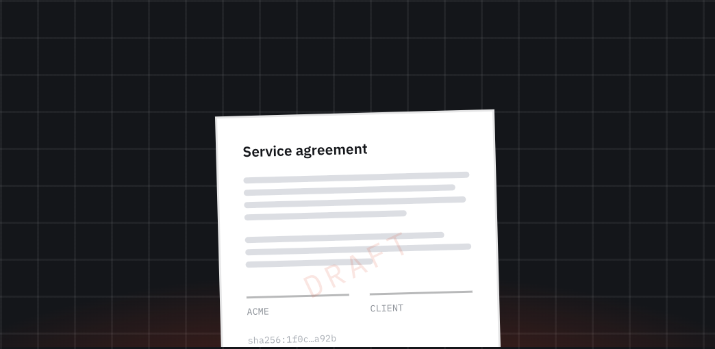 A rendered contract PDF: a service agreement watermarked DRAFT, with two signature rules and a SHA-256 checksum.