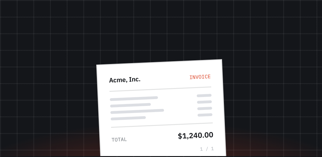 A rendered invoice PDF: Acme, Inc. letterhead, line items and a $1,240.00 total, page 1 of 1.