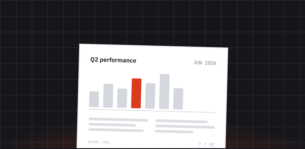 A rendered report PDF: a Q2 performance bar chart with one month highlighted, page 7 of 92.